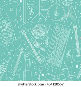 Seamless musical background made of different musical instruments, treble clef and notes. Blue and white colors. Vector illustration.