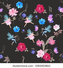 Seamless musical magic pattern. Cute  fairies in ballet tutus and elves dance with beautiful garden flowers, treble clef and lyre isolated on black background in vector. Wallpaper, print for fabric.