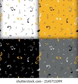 Patrón musical sin fisuras en 4 colores. Notas en colores blanco, negro, amarillo y gris. Fondo inacabable para tela, papel pintado, papel envolvente.