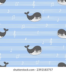 Seamless musical pattern with cute whales and notes. Vector music background for kids