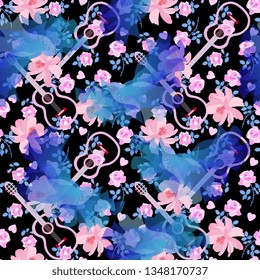 Seamless musical pattern with guitars, pink flowers and blue birds on black background.