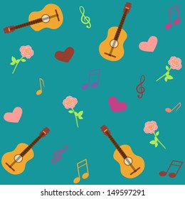 seamless musical pattern with guitars and roses