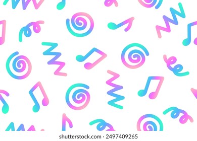 Patrón musical sin fisuras con Elementos de color holográficos. Notas musicales, zigzags, remolinos en colores rosa y azul sobre fondo blanco. Garabatos dibujados a mano. Lindo patrón. Ilustración vectorial.