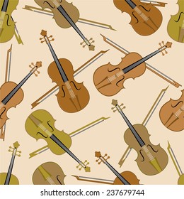 Seamless musical pattern with violin and bow.