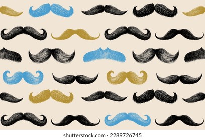 Fondo de bigote sin costura. Muchos bigotes machos dibujados a mano sobre un fondo claro. Ilustración vectorial horizontal. Silhouettes azul, negro y dorado de bigote para el diseño textil de tela.