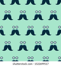 Seamless mustache and glasses flat pattern on light teal background