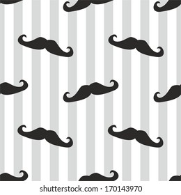 Seamless mustache vector background. Pattern or texture with black curly retro gentleman mustaches on stripes white and blue background. For hipster websites, desktop wallpaper, blog, web design.