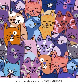 Seamless muted colors hand drawn cartoon cat pattern