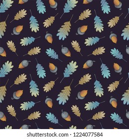 Seamless muted colors pattern with autumn oak leaves and acorns on dark background. Light brown, grey, blue, yellow, sand colors. Repeat botanical pattern. Vector illustration.