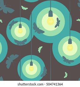 Seamless muted colors pattern: silhouettes of moth drawn towards light source