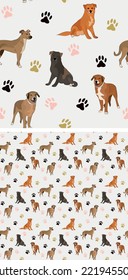 Seamless mutt dog pattern, holiday texture. Square format, t-shirt, poster, packaging, textile, socks, textile, fabric, decoration, wrapping paper. Trendy hand-drawn mongrel dog wallpaper.