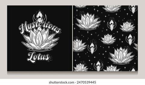 Seamless mysterious pattern, label with lotus flower, magic glowing crystals, crescent moon, scattered stars, sparkles, text. Mystical insight concept for meditation, clear consciousness Vintage style