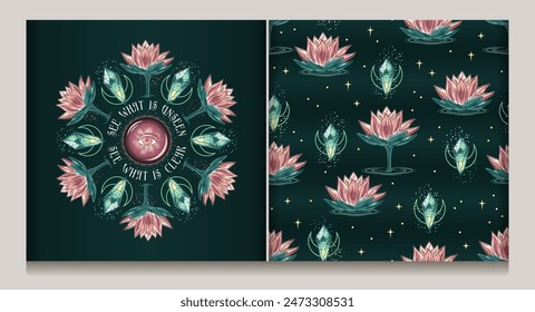 Seamless mysterious pattern, label with lotus flower, magic glowing crystals, crescent moon, scattered stars, sparkles, text. Mysterious mystical insight concept for meditation, clear consciousness