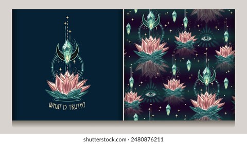 Seamless mysterious pattern, label with lotus flower, magic glowing crystals, third eye, moon, scattered stars, sparkles. Mystical insight concept for meditation, clear consciousness. Vintage style.