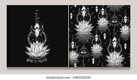 Seamless mysterious pattern, label with lotus flower, crystals, third eye, moon, scattered stars, sparkles. Mystical insight concept for meditation, clear consciousness. Vintage style.