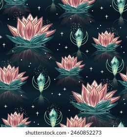Patrón misterioso sin fisuras con flor de loto, cristales mágicos brillantes, luna creciente, estrellas dispersas, destellos. Concepto de percepción mística para la meditación, conciencia clara. Estilo Antiguas.