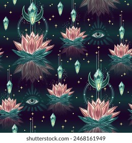 Patrón misterioso sin fisuras con flor de loto, cristales mágicos brillantes, tercer ojo, luna, estrellas dispersas, destellos. Concepto de percepción mística para la meditación, conciencia clara. Estilo Antiguas.