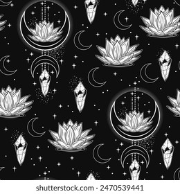Seamless mysterious pattern with lotus flower, magic crystals, crescent moon, scattered stars, sparkles. Mysterious, mystical concept for meditation, clear consciousness. Vintage style.