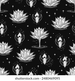 Seamless mysterious pattern with lotus flower, magic glowing crystals, crescent moon, scattered stars, sparkles. Mysterious, mystical concept for meditation, clear consciousness. Vintage style.