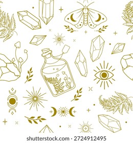Padrão de Boho místico contínuo com elementos mágicos. Padrão contínuo com elementos místicos em estilo de arte de linha, ideal para embalagem, papelaria, têxteis, papel de parede, marca espiritual. Ilustração vetorial