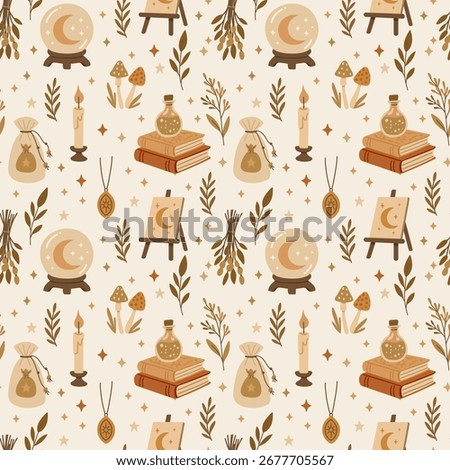 Seamless Mystic Boho Pattern Witchy Clipart with Crystal Ball, Magic Books, Mushrooms, Herbs and Candles, Enchanted Autumn Folk Art Background for Fabric, Wallpaper, Packaging, Scrapbooking