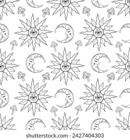 Patrón místico sin fisuras de media luna y sol con ojo. Arte de línea dibujado a mano sobre tema esotérico. Papel de embalaje de patrón vectorial mágico sobre fondo blanco