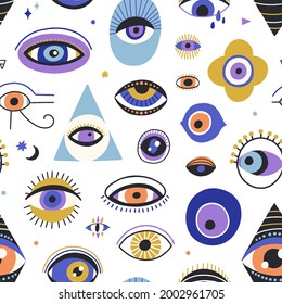 Patrón místico sin foco con ojos malvados al estilo doodle. Textura repetitiva infinita con ojos esotéricos diferentes. Occulta historia espiritual. Ilustración de la decoración de los vectores planos de color para la impresión