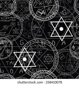 Seamless mystic pattern with occult symbols and pentacles on black background, Halloween set