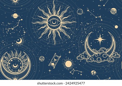 Seamless mystic pattern with sun, moon and stars, cosmos background in tarot style, space and abstract astrology magic sky, vector