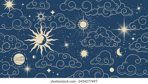 Nahtloses mystisches Raummuster mit Wolken, Astrologie magischer Hintergrund im Tarot-Stil, Nachthimmel mit Wolken und Mond, Vektor