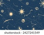 Seamless mystic space pattern, cosmos background in tarot style, astrology magic sky with planets and stars, vector