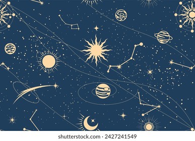 Seamless mystic space pattern, cosmos background in tarot style, astrology magic sky with planets and stars, vector