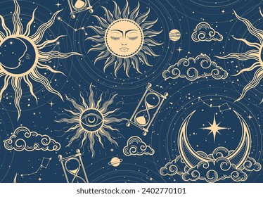 Seamless mystic space pattern with sun, moon and stars, cosmos background in tarot style, astrology magic sky, abstract esoteric ornament, vector