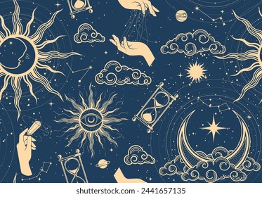 Seamless mystic space pattern with sun, moon and hands of sorceress, astrology cosmos background in tarot style, magic sky, vector