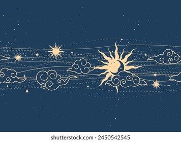 Nahtloses mystisches Raummuster mit Sonne, Mond und Wolken, magische Astrologie-Linien, Kosmos-Hintergrund im Tarot-Stil, magischer Himmel, Vektorgrafik