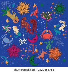 Padrão de espaço místico sem costura com sol, lua e mãos de feiticeira, astrologia cosmos fundo em estilo de tarô, céu mágico, vetor