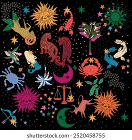 Seamless mystic space pattern with sun, moon and hands of sorceress, astrology cosmos background in tarot style, magic sky, vector