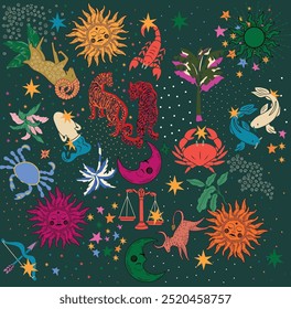 Seamless mystic space pattern with sun, moon and hands of sorceress, astrology cosmos background in tarot style, magic sky, vector