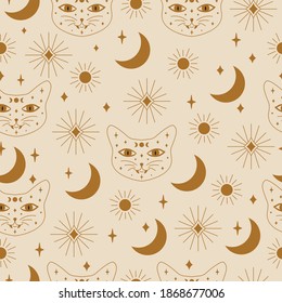 Seamless Mystical Cat   Star Pattern in Vector 