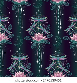 Seamless mystical colorful fantasy pattern with lotus flower, flying fantasy dragonflies, dragonfly pixie, faerie, stars. Mysterious, mystical concept. Vintage style.