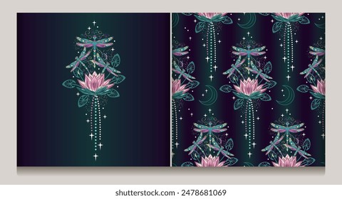 Seamless mystical colorful fantasy pattern, composition with lotus flower, flying fantasy dragonflies, dragonfly pixie, faerie, stars. Mysterious, mystical concept. Vintage style.