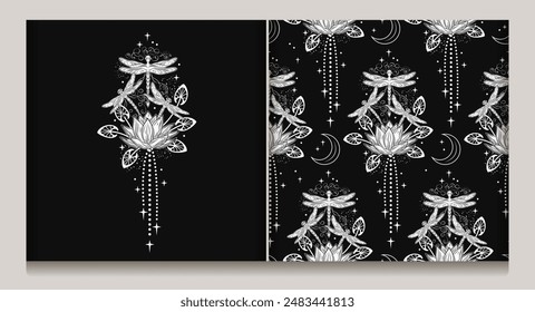 Seamless mystical monochrome fantasy pattern, composition with lotus flower, flying fantasy dragonflies, dragonfly pixie, faerie, stars. Mysterious, mystical concept. Vintage style.