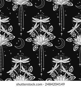 Seamless mystical monochrome fantasy pattern with lotus flower, flying fantasy dragonflies, dragonfly pixie, faerie, stars. Mysterious, mystical concept. Vintage style.