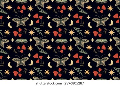 Patrón místico sin inconvenientes. Mariposa, flores rojas, ojo, estrellas en un fondo oscuro. Ilustración vectorial moderna