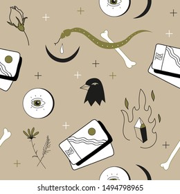 Seamless mystical pattern. It can be used as a wallpaper, wrapping paper or textile design. Also good as cover design.