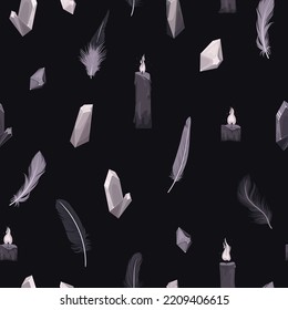 Seamless mystical pattern with crystals on a dark background