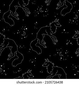 seamless mystical pattern with foxes and stars