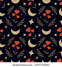 Patrón místico sin inconvenientes. Hojas, flores rojas, luna, estrellas en un fondo oscuro. Ilustración vectorial moderna