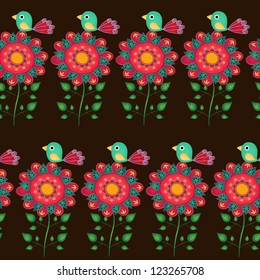 Seamless naive bird and flowers vector repeat background