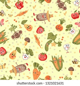 Seamless naive childish pattern of smiling vegetables, apples, strawberries, cucumbers, mushrooms, champignons, tomatoes, carrots on a green background